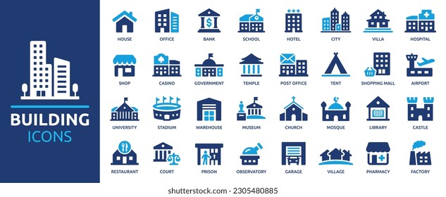 Building icon set. Containing house, office, bank, school, hotel, shop, university and hospital icons. Solid icon collection. Vector illustration. - Shutterstock ID 2305480885