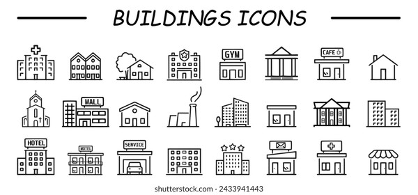 Building icon set. Containing house, office, bank, school, hotel, shop, university, church, police, gym and hospital icons. Solid icon collection. Vector illustration.