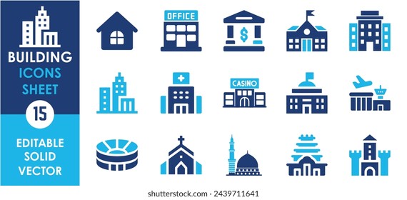 Building icon set. Containing house, office, bank, school, hotel and so on. Flat building icon set. Vector illustration.