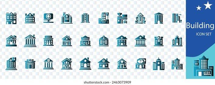 Es wird ein Symbolsatz erstellt. Mit Haus-, Büro-, Bank-, Schul-, Hotel-, Shop-, Universitäts- und Krankenhaussymbolen. Kollektion des Volumenkörpersymbols