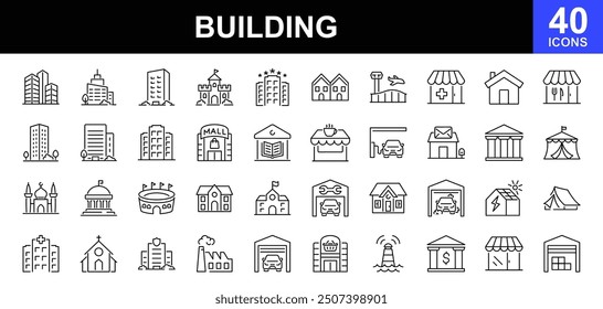 Building icon set. Containing house, office, bank, school, hotel, shop, university, hospital, church, museum, mosque, skyscraper, factory, architecture, city and more. Vector illustration