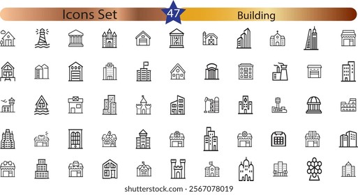 Building icon set. Containing house, office, bank, school, hotel, shop, university and hospital icons.