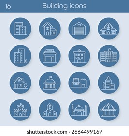 Conjunto de iconos de construcción. Contiene iconos de casa, oficina, banco, escuela, hotel, tienda, universidad y hospital. Colección de iconos sólidos. Ilustración vectorial.