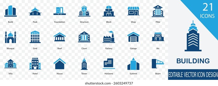 Building icon set. containing Tower, Skyline, Foundation, Pillar, Roof and more vector design collection . 
