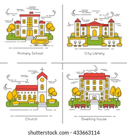 Building icon set with descriptions of primary school city library church and dwelling house vector illustration