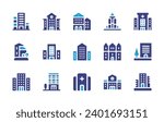 Building icon set. Duotone color. Vector illustration. Containing building, university, hospital, green city, company, empire state building, hospital building.