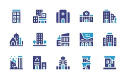Building Icon Set. Duotone Color. Vector Illustration. Containing Building, Hospital, Fire, Hotel, Residential, Buildings, Empire State Building.