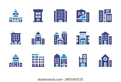 Juego de iconos de construcción. Color de duotona. Ilustración vectorial. Conteniendo edificio, ciudad, edificios, empresa, ayuntamiento, biblioteca, casa de ancianos, edificio de la ciudad, edificios gubernamentales, edificio en construcción