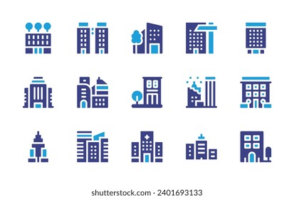 Juego de iconos de construcción. Color de duotona. Ilustración vectorial. Conteniendo edificios, edificios, construcción del estado imperial, hospital, construcción de la ciudad.