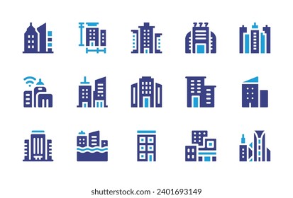 Building icon set. Duotone color. Vector illustration. Containing building, casino, office building, skycraper, city, measure, smart city, flood.