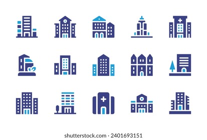 Building icon set. Duotone color. Vector illustration. Containing building, university, hospital, green city, company, empire state building, hospital building.