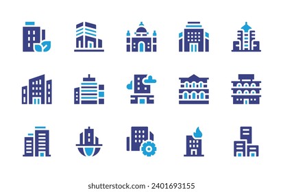 Juego de iconos de construcción. Color de duotona. Ilustración vectorial. Conteniendo ciudad, oficina, edificio, edificio de oficinas, sede.