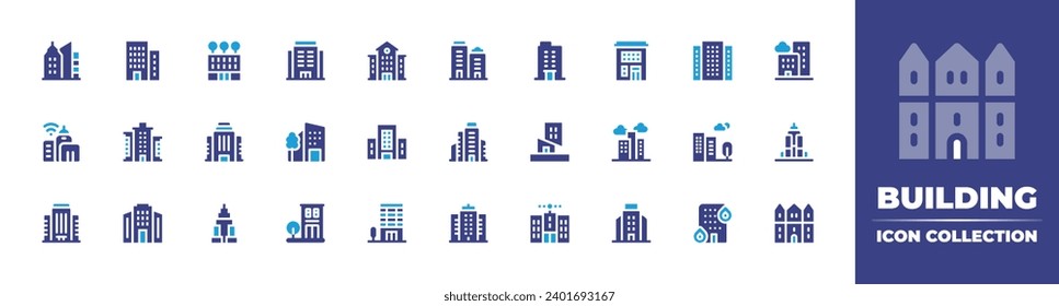 Building icon set. Duotone color. Vector illustration. Containing buildings, building, office building, skycraper, skyscraper, university, smart city, skyscrapper, company, office, building on fire.