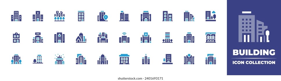 Building icon set. Duotone color. Vector illustration. Containing condo, apartment, office building, building, city, apartments, buildings, fire, hotel, migration, greens, laboratory, hospital.