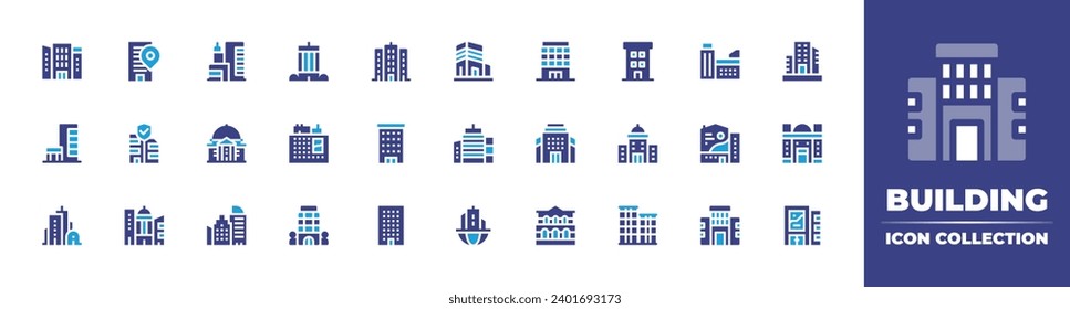 Juego de iconos de construcción. Color de duotona. Ilustración vectorial. Conteniendo edificio, oficina, rascacielos, sede, departamento, edificio del gobierno, edificio de la ciudad, edificios.