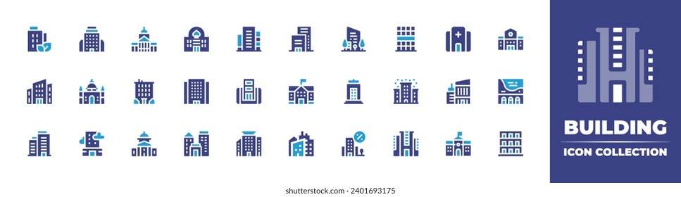 Building icon set. Duotone color. Vector illustration. Containing city, company, building, school, office building, casino, hospital, buildings, city hall, architecture, nursing home, town. 