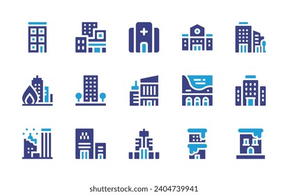 Building icon set. Duotone color. Vector illustration. Containing building, hospital, fire, hotel, residential, buildings, empire state building.