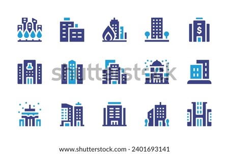 Building icon set. Duotone color. Vector illustration. Containing fire, residential, building, mall, greens, corporation, office, office building, laboratory, building trade.