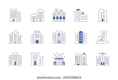 Building icon set. Duotone style line stroke and bold. Vector illustration. Containing buildings, building, business, casino, office building, greens, laboratory, building trade.