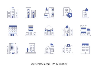 Building icon set. Duotone style line stroke and bold. Vector illustration. Containing building, hospital, buildings, apartment, government building.