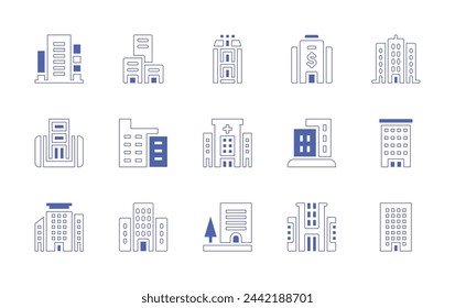Conjunto de iconos de construcción. Trazo de línea de estilo duotono y negrita. Ilustración vectorial. Conteniendo oficina, edificio, muebles, corporación, edificios, apartamento, automatización de edificios, hospital.
