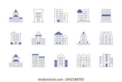Building icon set. Duotone style line stroke and bold. Vector illustration. Containing building, city hall, architecture, nursing home, town, city building, government buildings, buildings, empire.