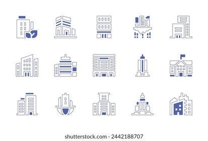 Building icon set. Duotone style line stroke and bold. Vector illustration. Containing city, company, office, building, school, office building, headquarters, empire state building, buildings.