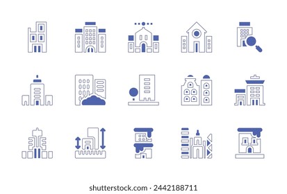 Building icon set. Duotone style line stroke and bold. Vector illustration. Containing hotel, library, building, buildings, building under construction, empire state building.