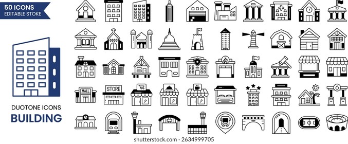 Ícone de construção definido no estilo duotônico. Contendo casa, escritório, apartamento, governo, escola, mansão, loja, universidade, hospital e muito mais. Ilustração vetorial