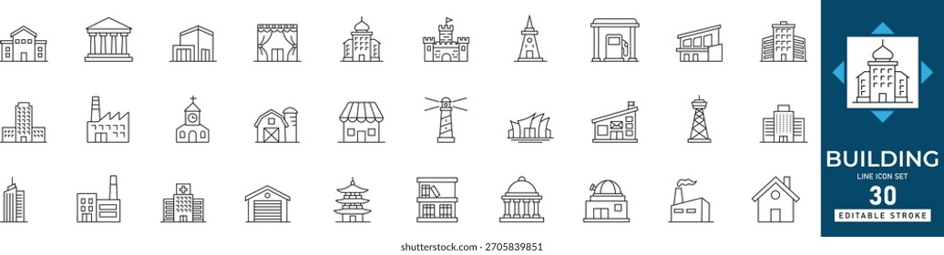 Conjunto de iconos de edificios con elementos visuales de arquitectura, construcción, bienes raíces, estructuras, correos, escuelas, Biblioteca, hospitales, gobierno, urbanismo y desarrollo de propiedades