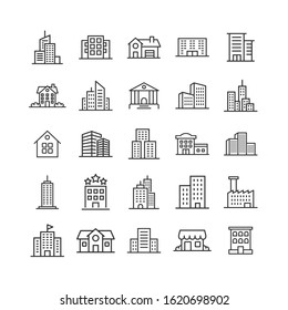 Building icon set in flat style. Town skyscraper apartment vector illustration on white isolated background. City tower business concept.