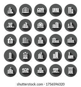 Building icon set in flat style. Town skyscraper apartment vector illustration on black round background with long shadow effect. City tower circle button business concept.