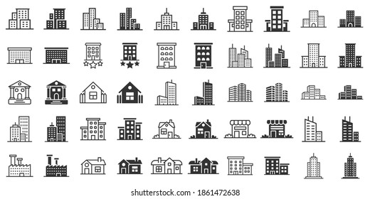 Building icon set in flat style. Town skyscraper apartment vector illustration on white isolated background. City tower business concept.