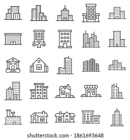 Building Icon Set In Flat Style. Town Skyscraper Apartment Vector Illustration On White Isolated Background. City Tower Business Concept.