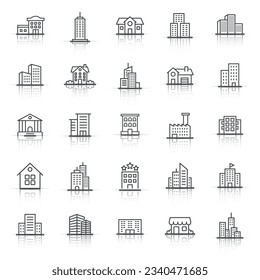 Bausymbol im flachen Stil eingestellt. Hochhaus-Wohnung, Vektorgrafik auf weißem, isoliertem Hintergrund. Stadtturm-Geschäftskonzept.