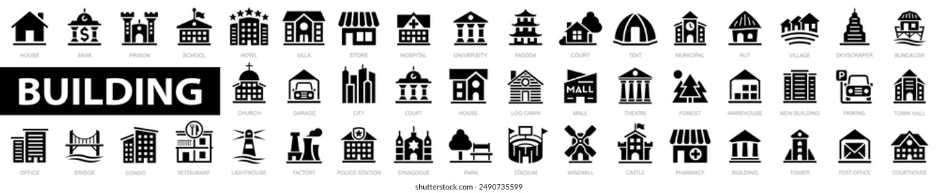 Building icon set. House, office, bank, school, hotel, shop, university, hospital, restaurant, pagoda and more. Vector illustration