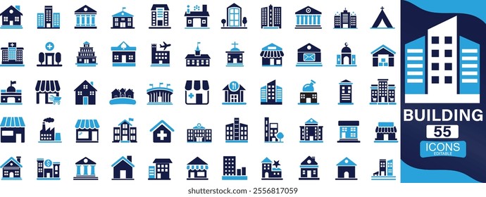 Building icon set. house, office, bank, school, hotel, shop, university, hospital You can easily change the color