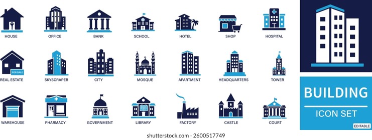 Building icon set house, office, bank, school, hotel, shop, university, hospital, You can easily change the color