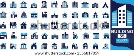 Building icon set. house, office, bank, school, hotel, shop, university, hospital You can easily change the color