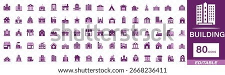 Building icon set with house, office, bank, school, hotel, shop, university, and hospital. Perfect solid vector icons for architecture, real estate, and construction projects.