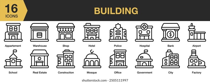 Building icon set. Includes Airport, bank, city, construction, factory, appartement, and More. Outline icons vector collection.