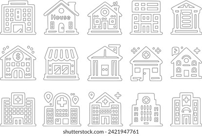 Building icon set. includes icons for homes, workplaces, banks, schools, hotels, shops, universities, and hospitals. excellent assortment of icons. Vector-based artwork