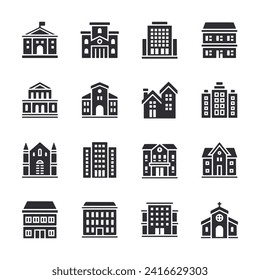 Building icon set isolated on white