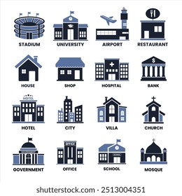 Building icon set isolated on white background. stadium. restaurant. university. airport. house. shop . government. office. school. hospital. bank   . Vector illustration.