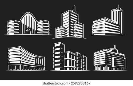 Building icon set isolated on black background. Collection sign real estate, business centre, office. Outline hotel, bank, shop, city, hospital symbol. Vector illustration