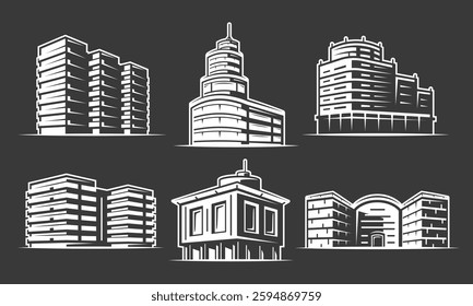 Building icon set isolated on black background. Collection sign real estate, business centre, office. Outline hotel, bank, shop, city, hospital symbol. Vector illustration