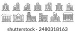 Building icon set in line black flat house, office, bank, school, hotel, shop, university, city, real estate and hospital symbol.