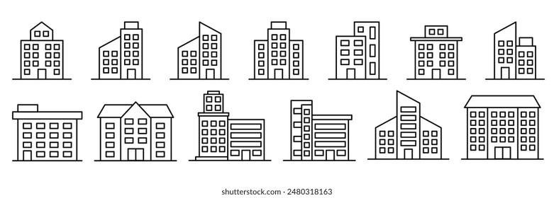 Building icon set in line black flat house, office, bank, school, hotel, shop, university, city, real estate and hospital symbol.