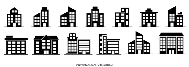 Building icon set in line black flat house, office, bank, school, hotel, shop, university, city, real estate and hospital symbol.