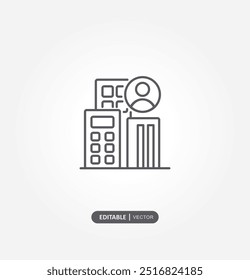 Building icon set in line black flat house, profile, user, office, bank, school, hotel, shop, university, city, real estate and hospital symbol.